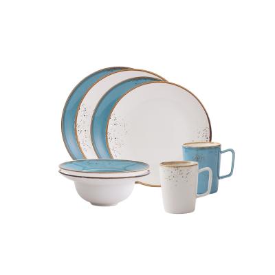 China Unique Round Shape Dinnerware Set Antique Style Spray Stain Blue Ceramic Dinner Set for sale