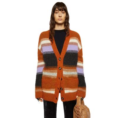 China 2021 Wholesale Custom Women's Knitwear Sweaters Clothing Color Rainbow Splice Cardigan Women Sweater Coat Anti-Wrinkle for sale