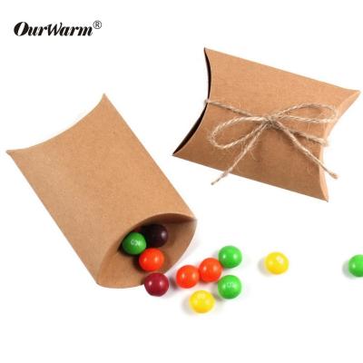 China OurWarm Recyclable Rustic Wedding Birthday Baby Shower Kraft Paper Pillow Shape Boxes Candy Gift Boxes for sale