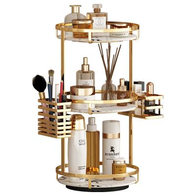 China 3 Tier Sustainable High Quality Gold Round Cosmetic Shelf Bathroom Storage Rack for sale