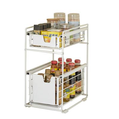 China Multifunctional Carbon Steel Drawer Type Stored Home Use Shelves Under Sink 2 Tier Rack Expandable Organizer for sale