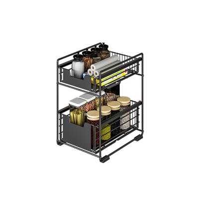 China Multifunctional 2 Tier Household Shelving Storage Kitchen Seasoning Organizer Under The Sink Cabinet for sale