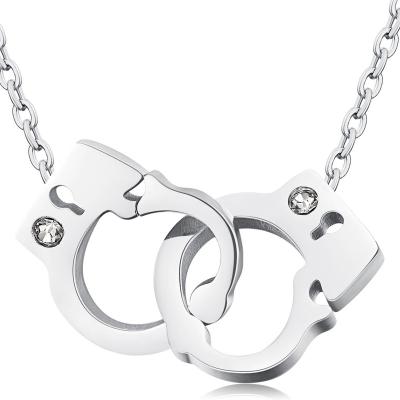 China FASHIONABLE Charm Double Ring Handcuffs Pendant Necklace Stainless Steel Necklace Crystal Love Silver Rose Gold Handcuffs from OUXI for sale