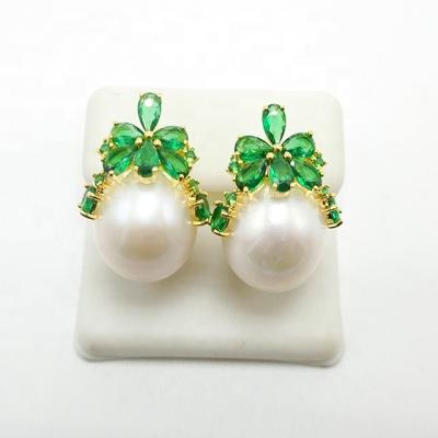 China Baroque Earrings Emerald Color nano CZ 925 Sterling Silver Custom Luxury Pearl Flower Earrings FASHIONABLE freshwater for sale