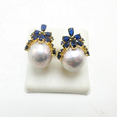 China Baroque Sapphire Spinel Blue Earrings 925 Sterling Silver Trendy Luxury Gold Plated Big Freshwater Pearl Bead Earrings for sale