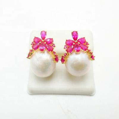 China FASHIONABLE Custom Design Big Gold Plated Freshwater Pearl Baroque Earrings Created Ruby 925 Sterling Silver Earrings For Women for sale