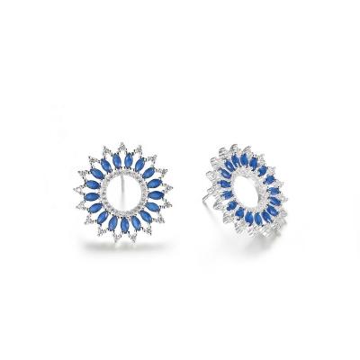 China Fashion Jewelry Custom 925 Sterling Silver Earrings Blue White CZ Zircon Diamond Women Sunflower Studs Earrings for sale