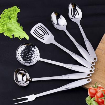 China Kitchen 6 Pcs Cavity Handle Stainless Steel Spoon Skimmer Pocket Turner Kitchen Tool Utensil Home Serving Set for sale