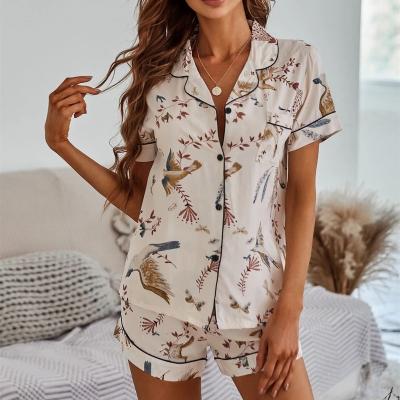 China QUICK DRY cotton women pajamas plants print short sleeve pajamas set contrast binding organic cotton pajamas women for sale