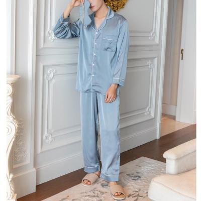 China Wholesale Home Bathroom Gift Party Hotel Spring Printed Striped Satin Pajama Mens Trim Shirt And Pants PJ Set for sale