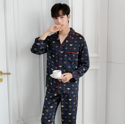 China New Home Gift Party Hotel Men's Pajamas Satin Printed Silk Pajamas Bathroom Set Long Sleeves Pajamas for sale