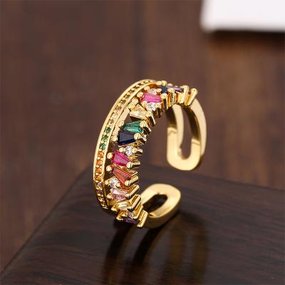 China New Gold Plated Square Ring Anillo De Circonitas De Colores de Ring Fashion Geometry Ring Luxury 18k Rainbow Hip Hop CZ Colorful Fashion for sale