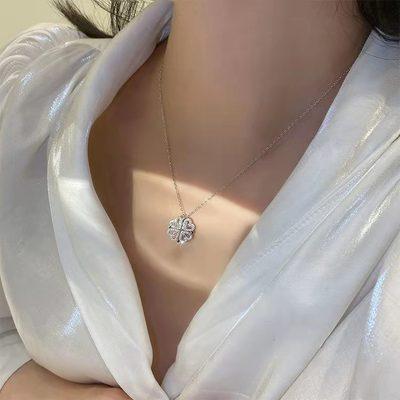 China New FASHIONABLE Four Leaf Clover Heart Necklace Zircon Crystal Custom Gold Plated Necklace Woman for sale