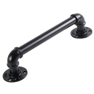 China Modern Simple Home Using Matte Black Antique Rustic Cast Iron Railing Pipe 2 Door Pull Handle Grab Industrial Bar Towel Rack Railing Set for sale