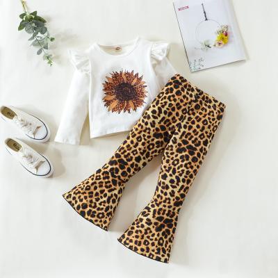 China Wholesale Casual Spring Autumn Children's Hive Hive Leopard Bell T-Shirt+ Pants Girls Clothing Sets for sale