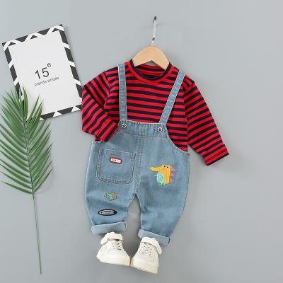 China SIMIRI Casual Hot Selling Round Neck Striped Long Sleeve Top+Denim Overall 2Pcs Kid Boys Clothing Set for sale