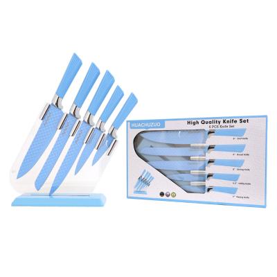 China Viable Kitchen Knife Set Stainless Steel PP Blue Roses Handle Diamond Pattern 6pcs/set Kitchen Tools Knife Set For Kitchen With Block for sale