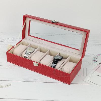 China 100% Handmade Hot Sale Red Leather Wooden Lockable Watch Box Watch Travel Cases With Clear Lid for sale