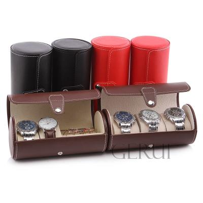 China 100% Handmade Portable Round Tin Mens Watch Gift Box Travel Leather Watch Rolling Case for sale