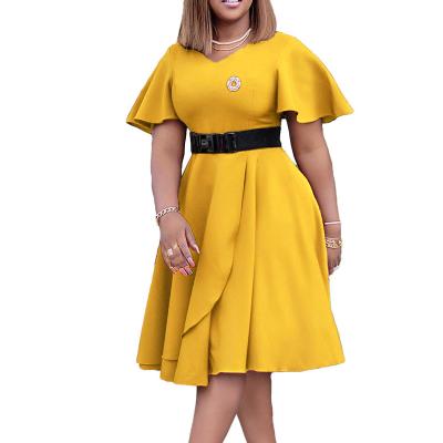 China Amazon Viable Hot African Women's Horn Sleeve Solid Color Package Hip Highly Plus Size Elegant Casual Dresses Women Plus Size Dress for sale