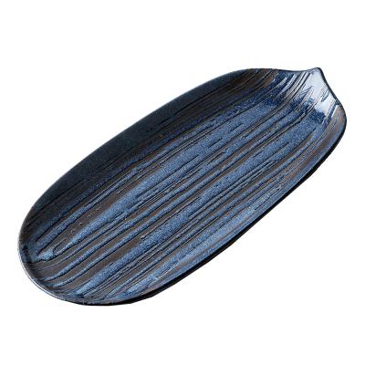 China Viable Japanese Ceramic Sushi Tableware Porcelain And Serving Dish Deep Blue Color Oval Dish for sale