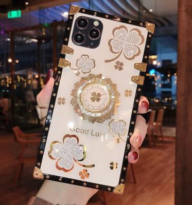 China AOYIYA Clover Diamond Square Edge Anti-Fall Phone Shockproof Case with Bracket for iPhone 11 12 13 Pro Max for sale