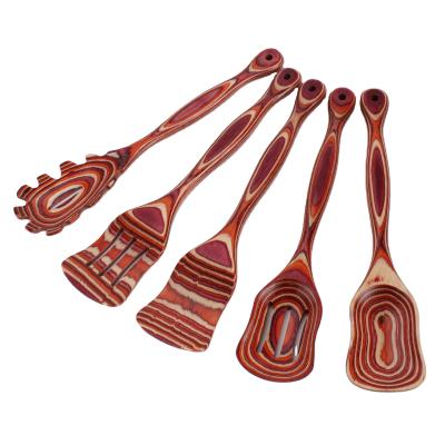 China Sustainable 5 Pieces Kitchenware Heat Resistant Baking Red Spatula Tools Pressed Wooden Kitchen Utensil Set for sale