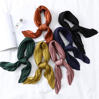 China Wholesale Girls Square Pleated Silk Scarves Solid Color Satin Pleat Square Silk Neck Scarf For Women for sale