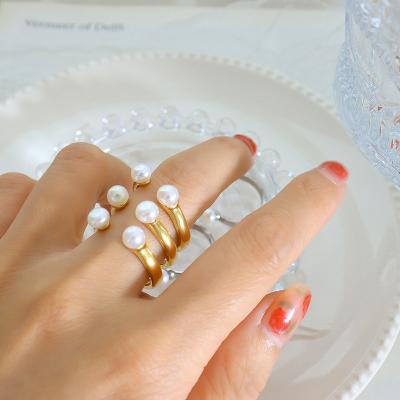 China CLASSIC Trendy Delicate Jewelry Fashion Female Open Baroque Pearl 18K Gold IP Plateding Stainless Steel Rings For Women 2023 for sale