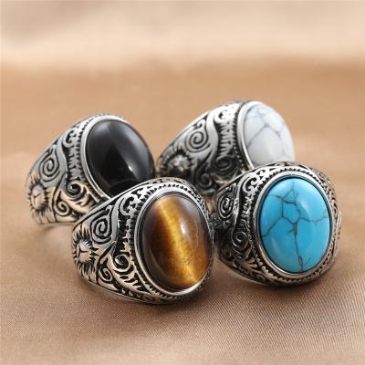 China TRENDY High Quality Vintage Classical Handmade Titanium Blue Stone Viking Turquoise Ring For Male Men Stainless Steel for sale