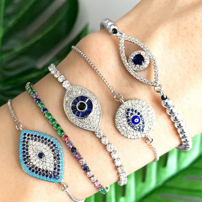 China TRENDY High Quality Fashion Lucky Amulet Silver Drawstring Blue Evil Devil's Eye Full Diamond Jewelry Women Adjustable Crystal Bracelet for sale