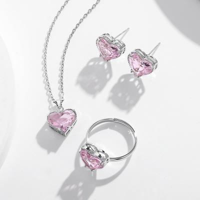 China Romantic Women Wedding Jewelry Sets Cute Diamond Brazilian Pink Heart Zircon Shape Ring Earring Necklace Set For Girl for sale