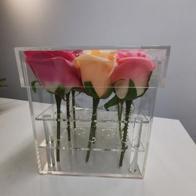 China Eco-friendly Custom Clear Acrylic Flower Display Box With Lid Water Holder Rose Pots Stand Acrylic Boxes With Removable 2 Tiers for sale