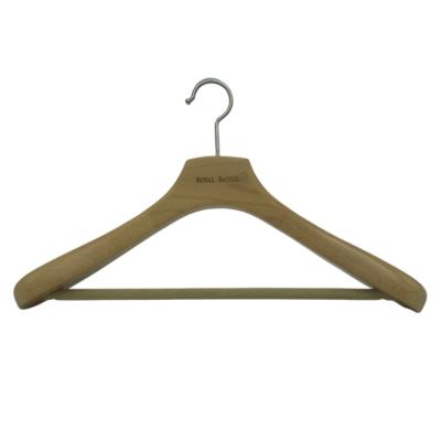 China Modern Custom Cheap Price Coat Hangers Wooden Wide Shoulder Wood Clothes Suit Hanger With Trouser Pants Bar For Retail Store Display for sale