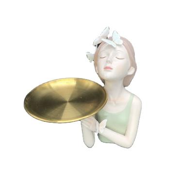 China Hot Europe Style Polyresin Home Decoration Resin Girl Figurine With Dish Cool Girl Statue Holding Tray For Shop Decor Birthday Gift for sale