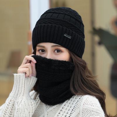 China Cheapest Breathable Good Quality Fleece Striped Women Beanie Knit Hat Winter Hat Scarf Mask Set Warm Girls Hat Earmuffs Hat With Pom for sale