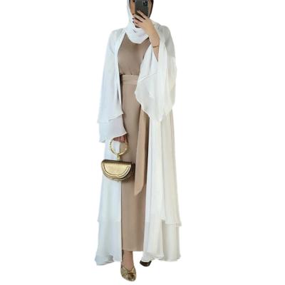 China New Arrival Women's Solid Color Abaya Dubai Fashion Women Muslim Cardigan Modest Clothing Islamic Chiffon Double for sale