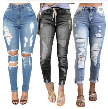 China Breathable Custom Women Jeans Slim Denim Pants Distressed Skinny Jeans Denim Pants Trousers Women Ripped Jeans for sale