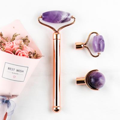 China Face Lift Face Massager Set 3 in 1 Facial Roller Purple Quartz Jade Facial Massage Roller for sale