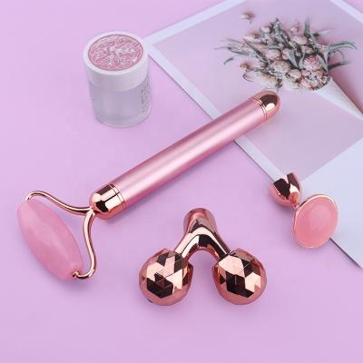 China Whitening Hot Sale 3 in 1 Christmas Gift Noise Vibrating Rose Quartz Electric Jade Massager Facial Roller for sale