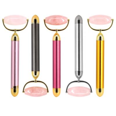 China Electric Rose Quartz Pink Jade Roller Jade Stone Facial Roller Face Beauty Bar Vibration Skin Care Massager Device For Face for sale