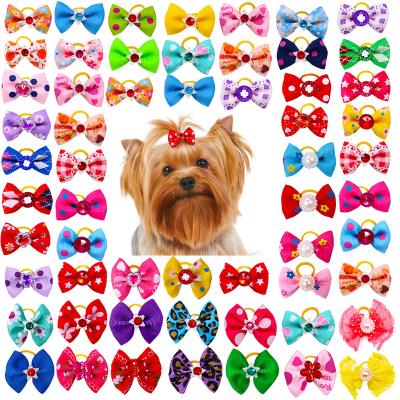 China Stocked Stock  Pet Bows with Rubber Band Dog Hair Rope Headwear Rhinestone Dog Cat Grooming Bows Accessories for sale