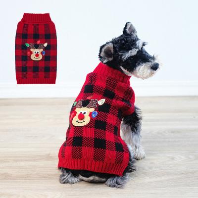 China Stocked 2023 Autumn Winter Pet Clothing Cute Christmas Deer Plaid Pet Jumper Cat Dog Sweater for sale