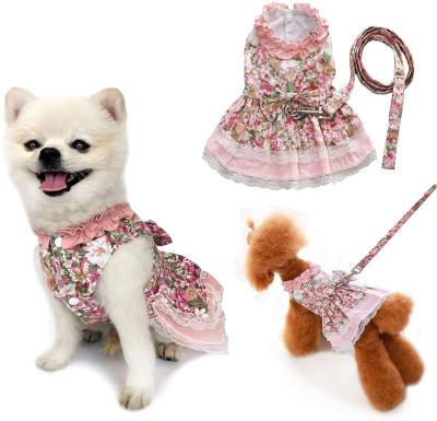 China Stocked Pet Dog Dress Harness Puppy with Leash Sweet Summer Dogs Princess Dog Cat Dress Apparel for sale