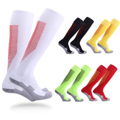 China Anti-Fault Fashion Cotton Soccer In Stock Custom Logo Knee Long Sport Socks Football for sale