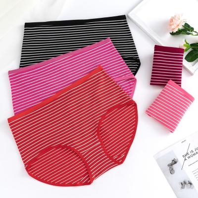 China Large Size Printed Breathable Ladies Aunty Briefs Cotton Ladies Breathable Striped Underwear High Waist Briefs for sale