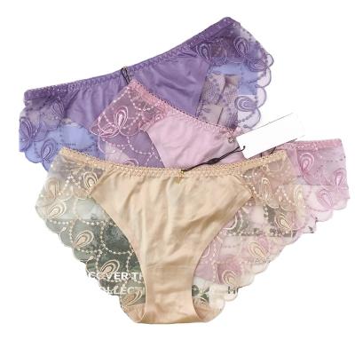 China Breathable Satin Texture Embroidery Mesh Sexy Underwear Women's Cotton Briefs Women's Briefs New Product for sale