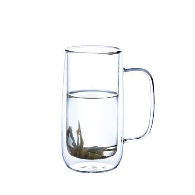 China Modern Unique Borosilicate Double Wall 450ml Coffee Drinking Glass Mug With Handle for sale