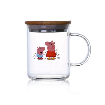 China Cartoon Cartoon Drinkware Pig Printing Single Wall Borosilicate Glass Mug With Wooden Lid And Pyrex Glass Handle for sale