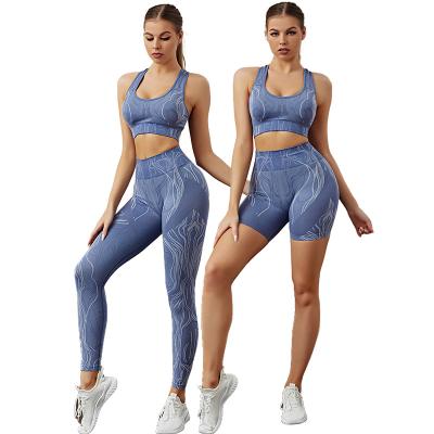 China Seamless Printed Yoga Stretch Hip Set Three-Piece Yoga Wear Lifting Pants Sports Underwear Fitness Suit Women for sale